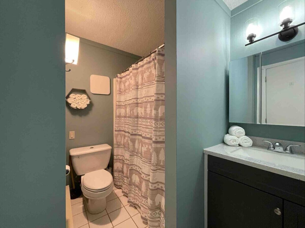 A bathroom with a toilet, shower curtain, sink, and mirror.