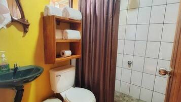 Shower, towels, soap, shampoo