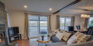 Smart TV, fireplace, video games, DVD player