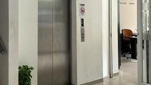 Um elevador moderno em um corredor, com um vaso de planta por perto.