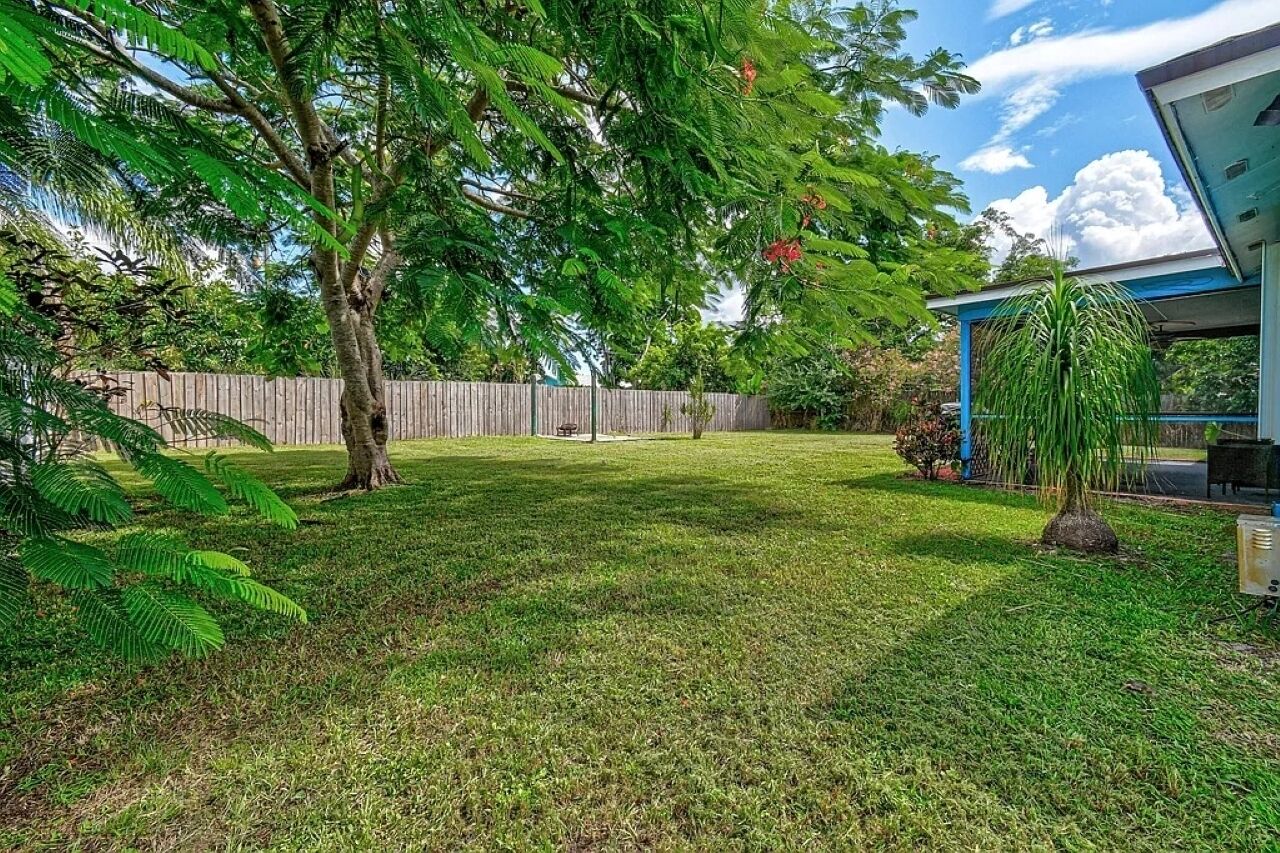 Un patio trasero con cerca de madera, un árbol y una planta colgante.