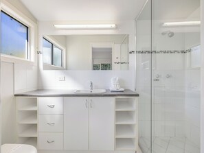 Shower, hair dryer, towels