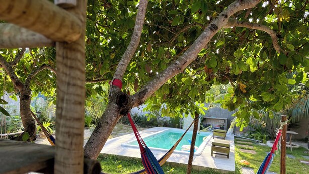 Una hamaca atada entre árboles, una piscina y un área con césped.