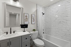 Shower, towels, soap, shampoo