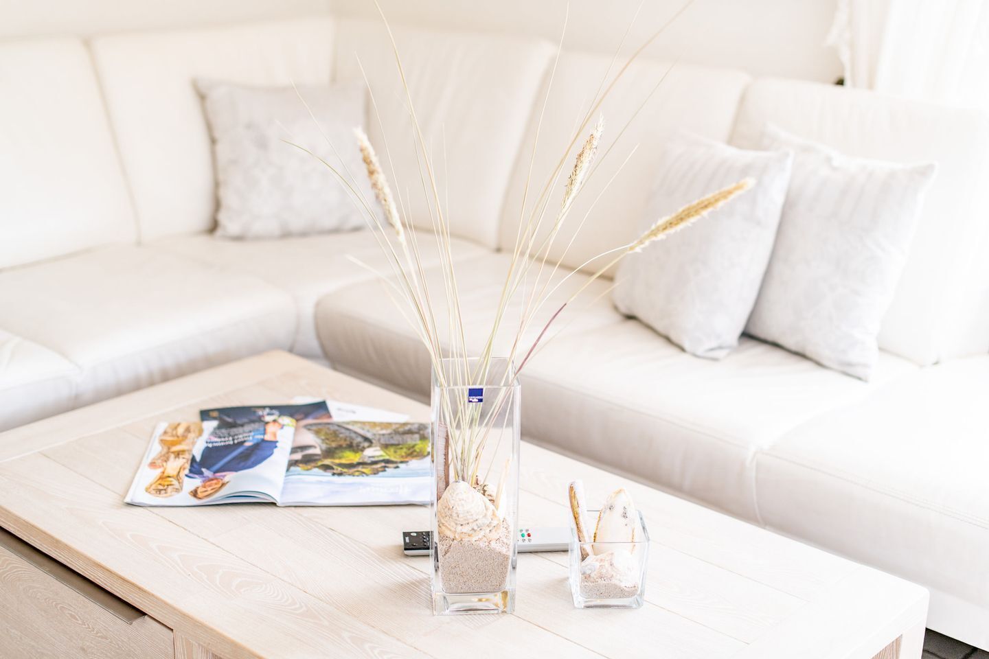 Un canapé blanc avec des coussins, une table basse en bois avec des magazines, un vase transparent contenant des plantes séchées et un petit objet décoratif.