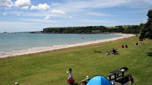 En strand med græsareal, et picnicbord og havudsigt.