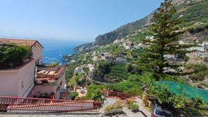 Un village côtier avec des maisons à étages, une vue dégagée sur la mer et un arbre imposant au premier plan.