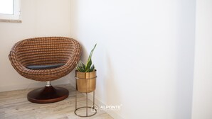 A wicker chair with a metal base, a potted plant, and a wooden floor. - Quinta da Costeira - Casa Azul do Limoal (Arcos de Valdevez)