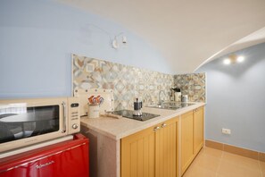 Fridge, microwave, stovetop, cookware/dishes/utensils