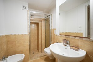 Shower, hair dryer, bidet, towels