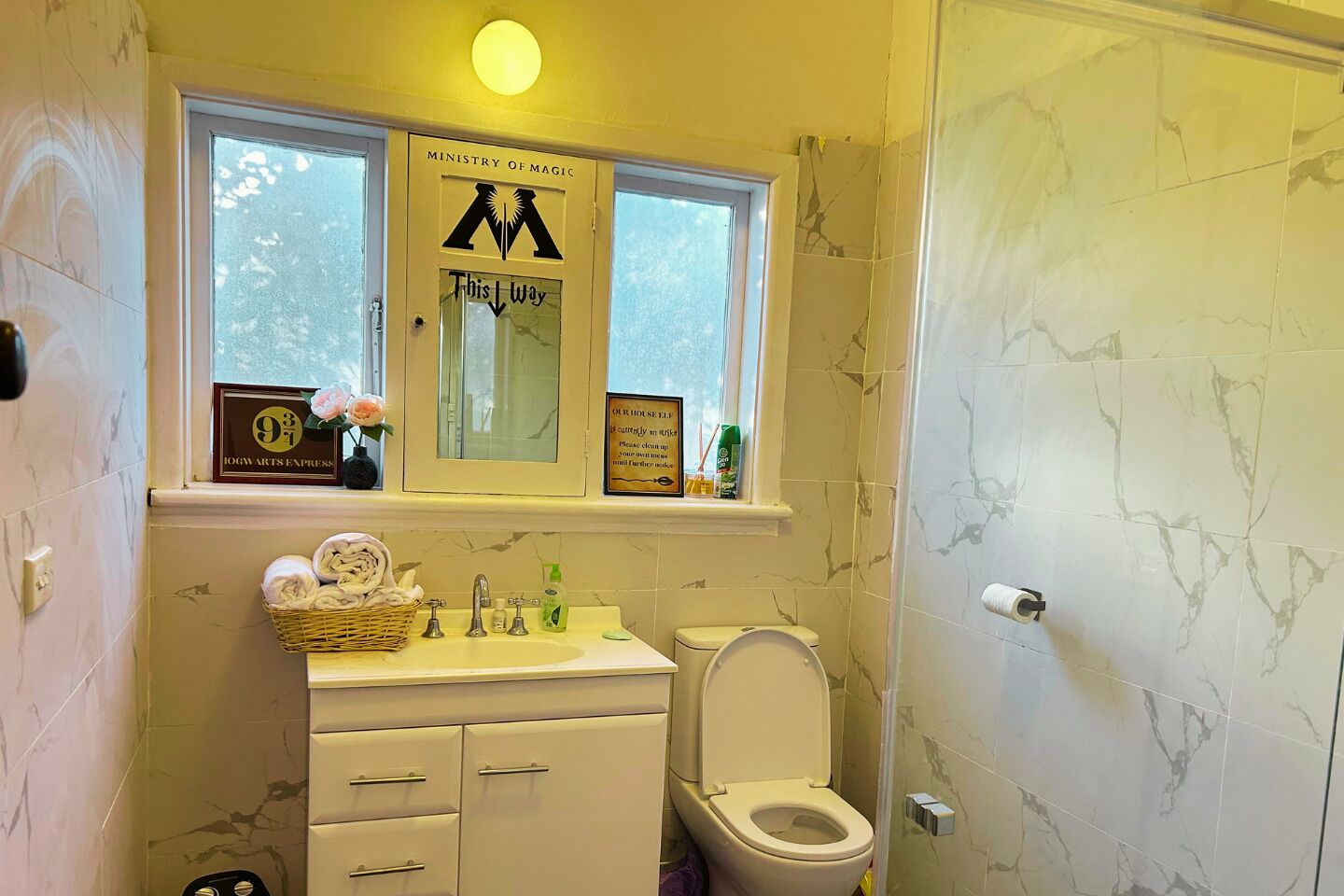 Shower, hair dryer, towels, soap