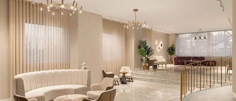 A spacious living area with a curved sofa, armchairs, a coffee table, and a staircase with a railing.