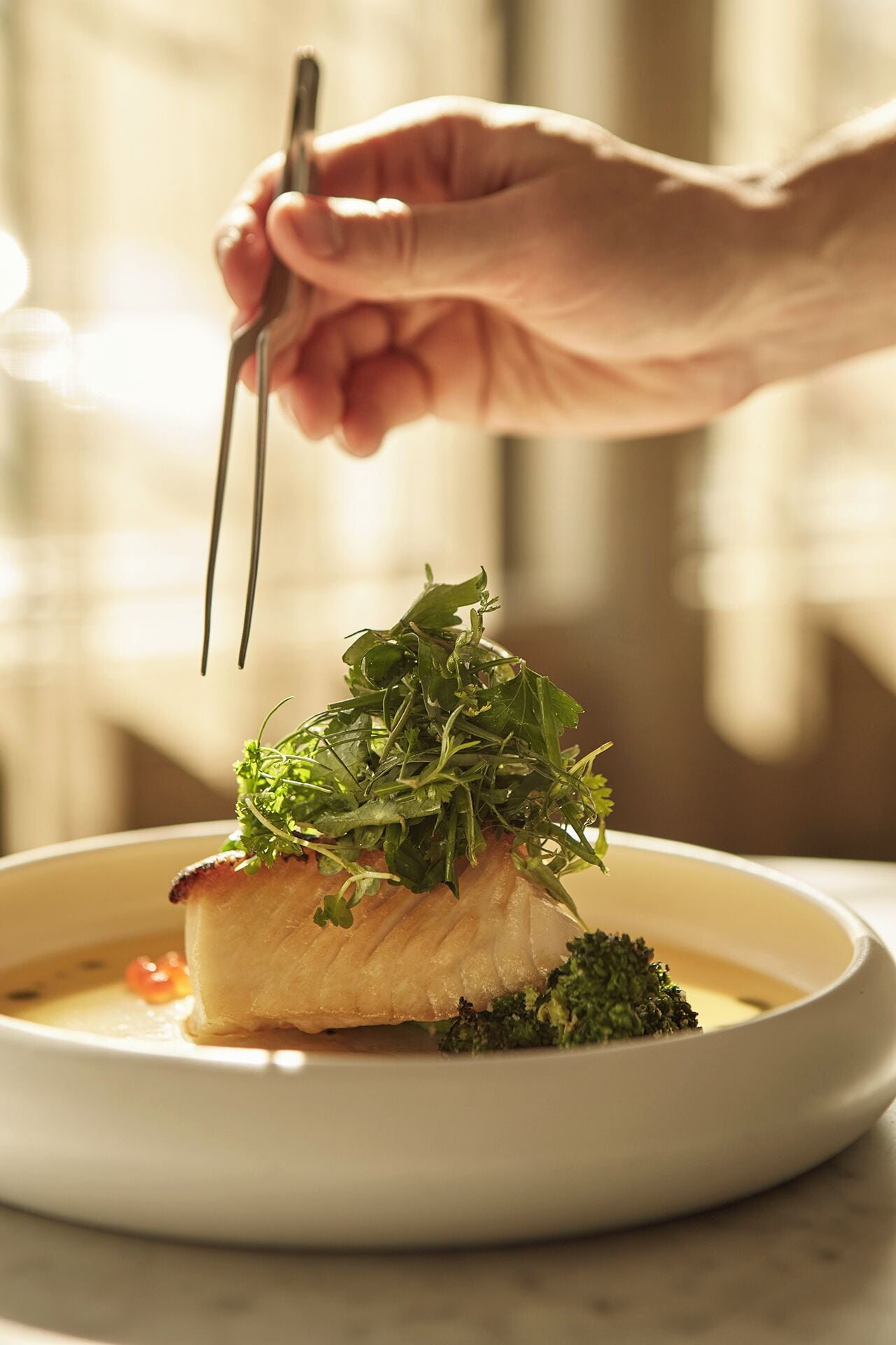A plate of food with a piece of fish topped with greens, being held by a hand.