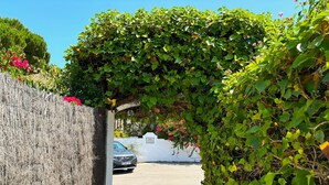Een overdekte pad dat leidt naar een parkeerplaats, omgeven door weelderige begroeiing en bloeiende planten.
