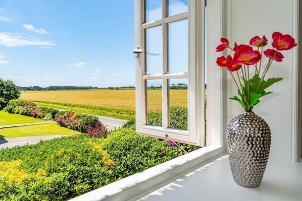 A window with a view of a green landscape and a vase with red flowers on a white surface.