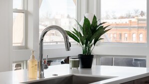 A kitchen with a modern faucet, a potted plant, and a bottle of liquid soap. - Serenity in Style | Espadin LoHi (Denver)