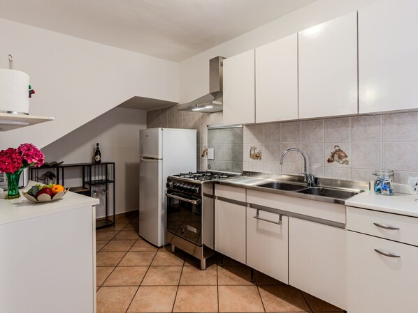 Fridge, microwave, oven, cookware/dishes/utensils