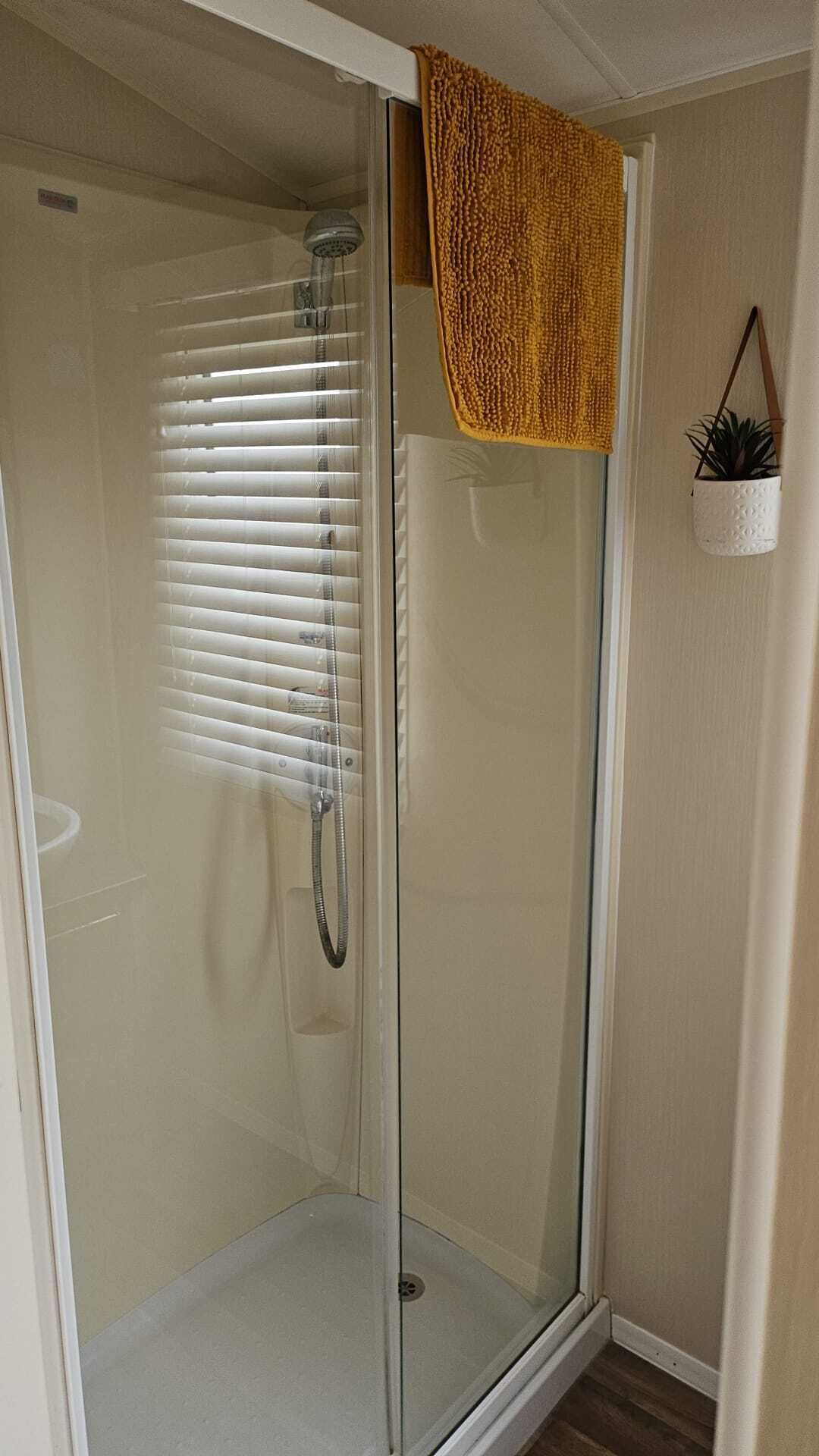 Ducha con mampara de vidrio, cabezal de ducha blanco, una toalla colgada en la puerta y una planta pequeña en la pared.