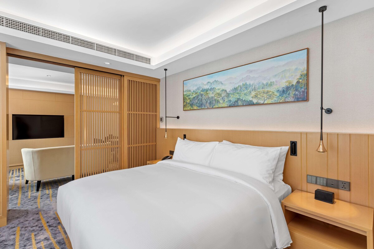 Una habitación de hotel moderna con una cama grande, un televisor de pantalla plana, un armario de madera, un cuadro en la pared y una mesita de noche con una lámpara.