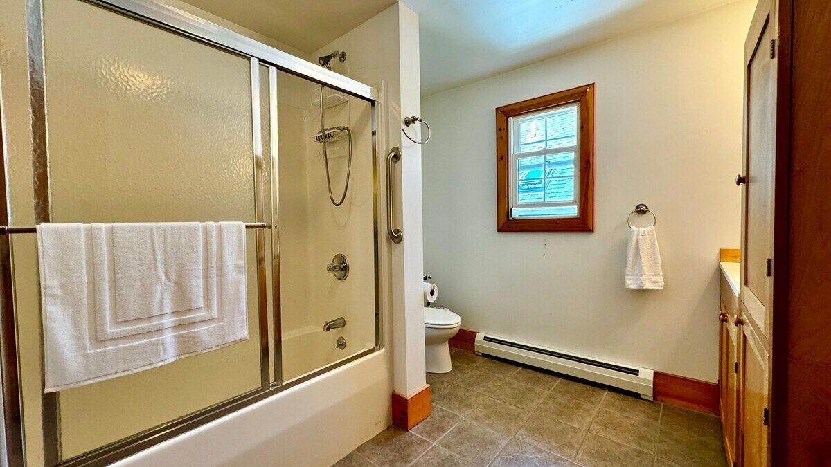 Een badkamer met een douchecabine van glas, toilet, raam en een handdoekhouder.