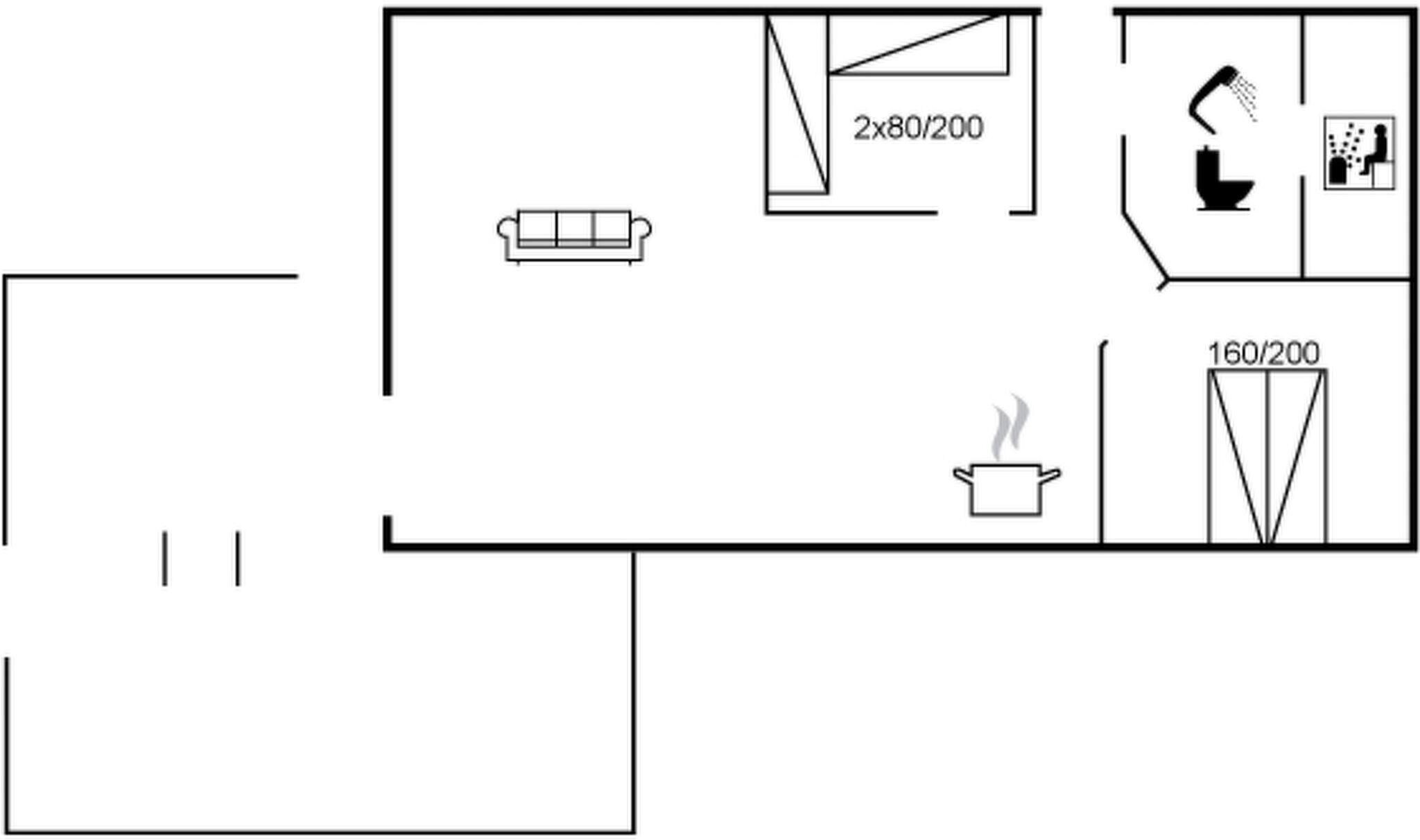A floor plan with a living area, a kitchen, and a bathroom.