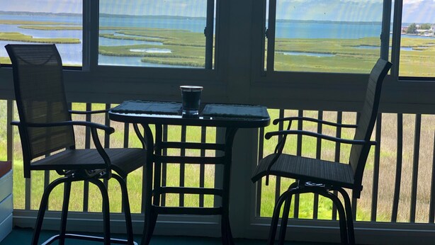 A room with a view of a marshy landscape through large windows. There is a table with a chair and another chair beside it.