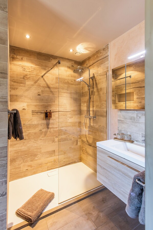 Shower, hair dryer, towels, soap