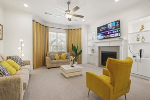 Smart TV, fireplace, video games, offices
