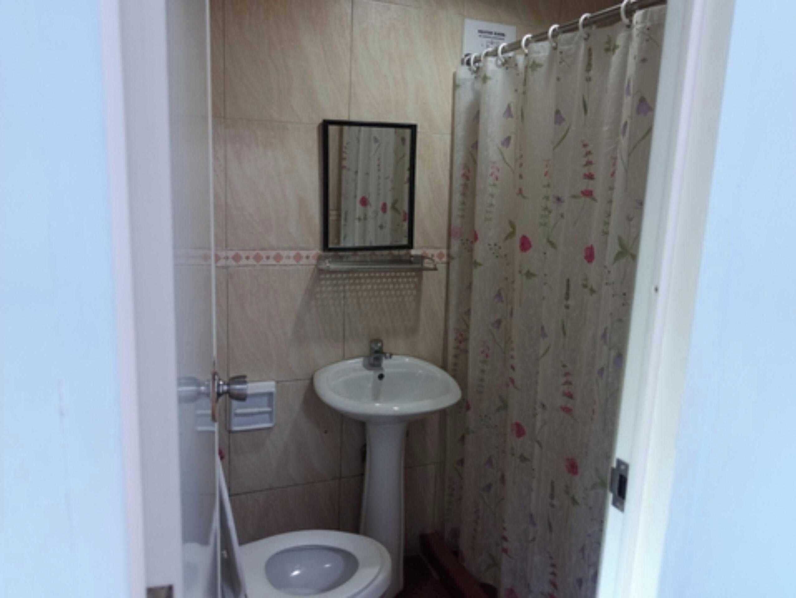 Une petite salle de bain avec des toilettes, un lavabo et un rideau de douche.