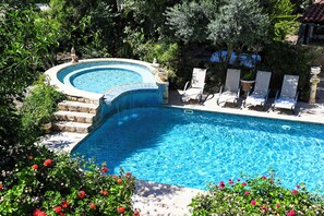Una piscina con jacuzzi, rodeada de abundante follaje y plantas en macetas.