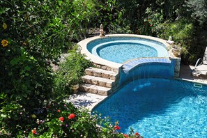 Una piscina con borde de piedra, rodeada de exuberante vegetación y flores.