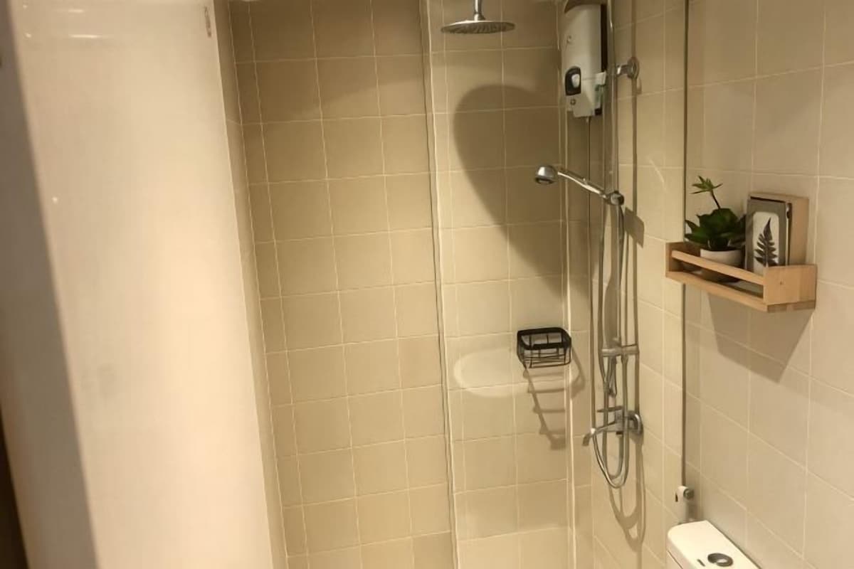 Shower, towels, toilet paper