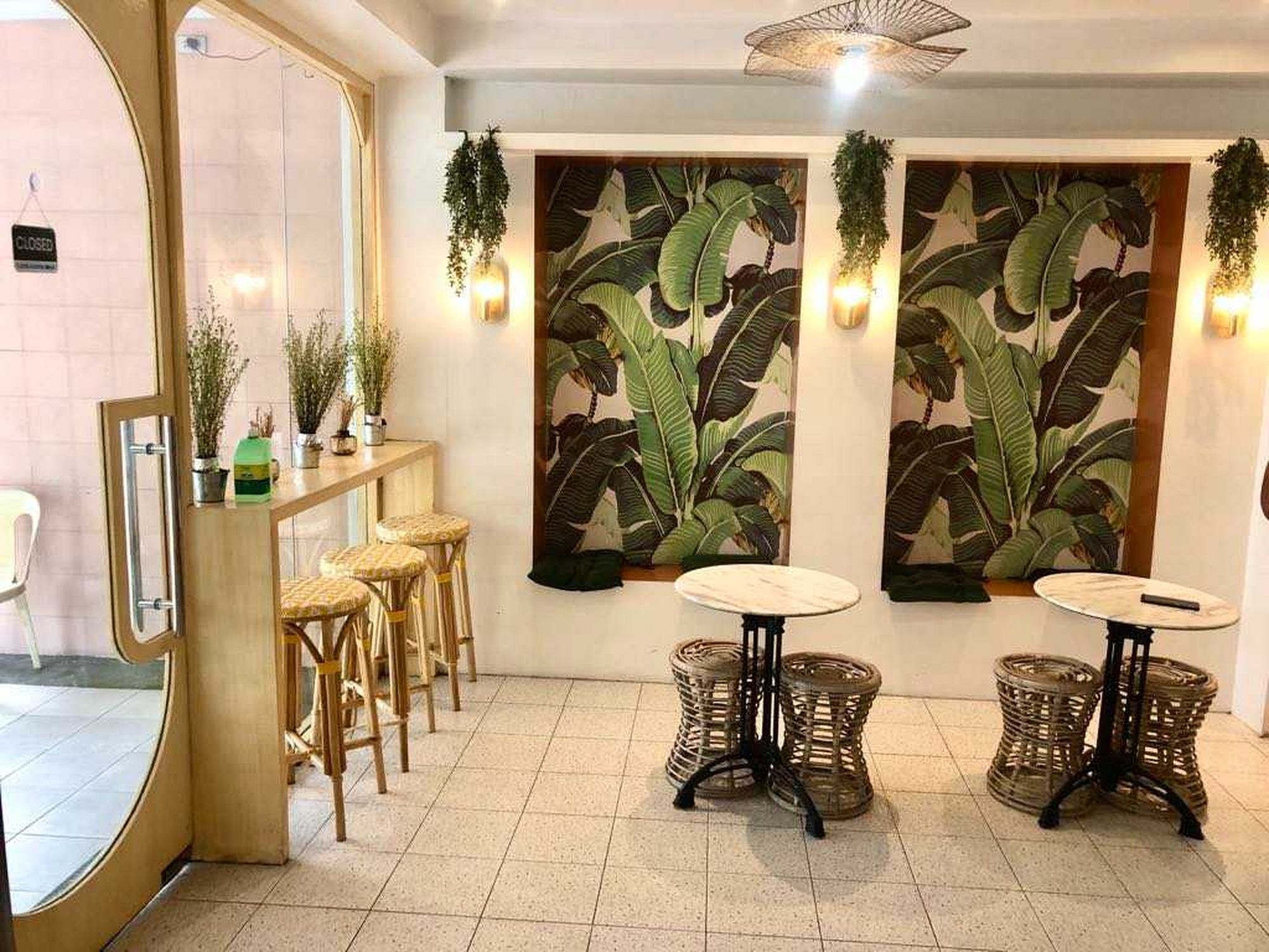 Une pièce avec un miroir, deux tables et des chaises en osier, un comptoir orné de plantes et un mur décoré de motifs représentant de grandes feuilles.