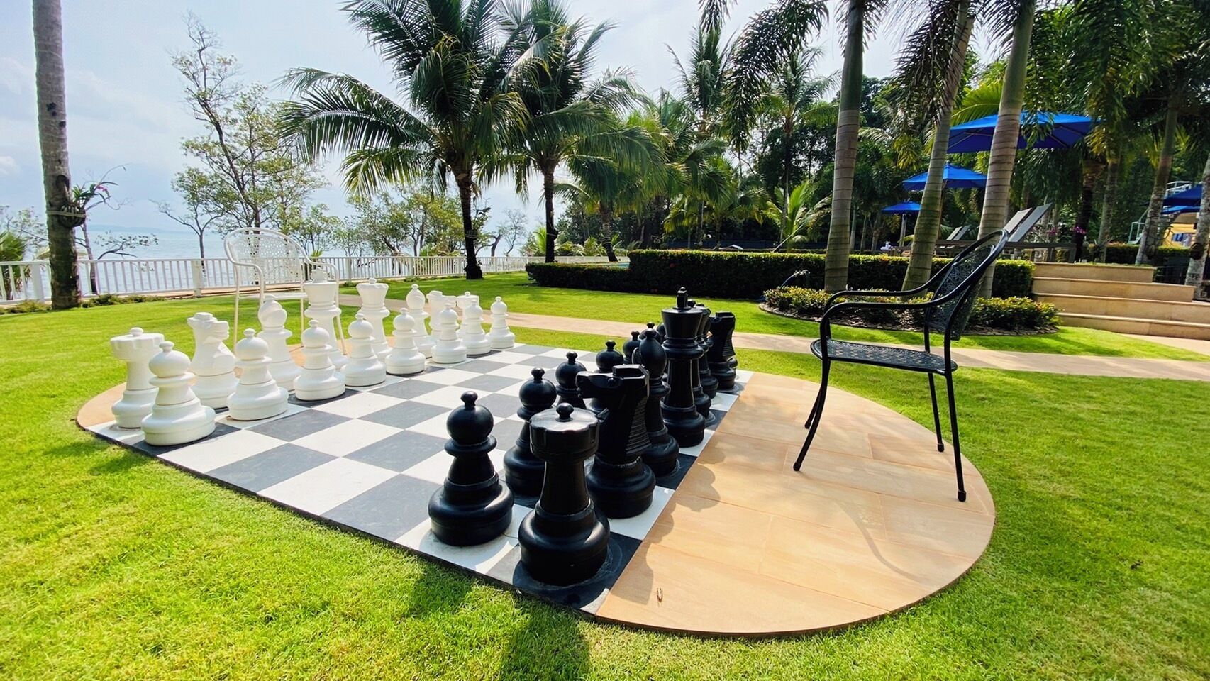 A chessboard set up outdoors on a grassy area with palm trees and a view of the sea in the background.