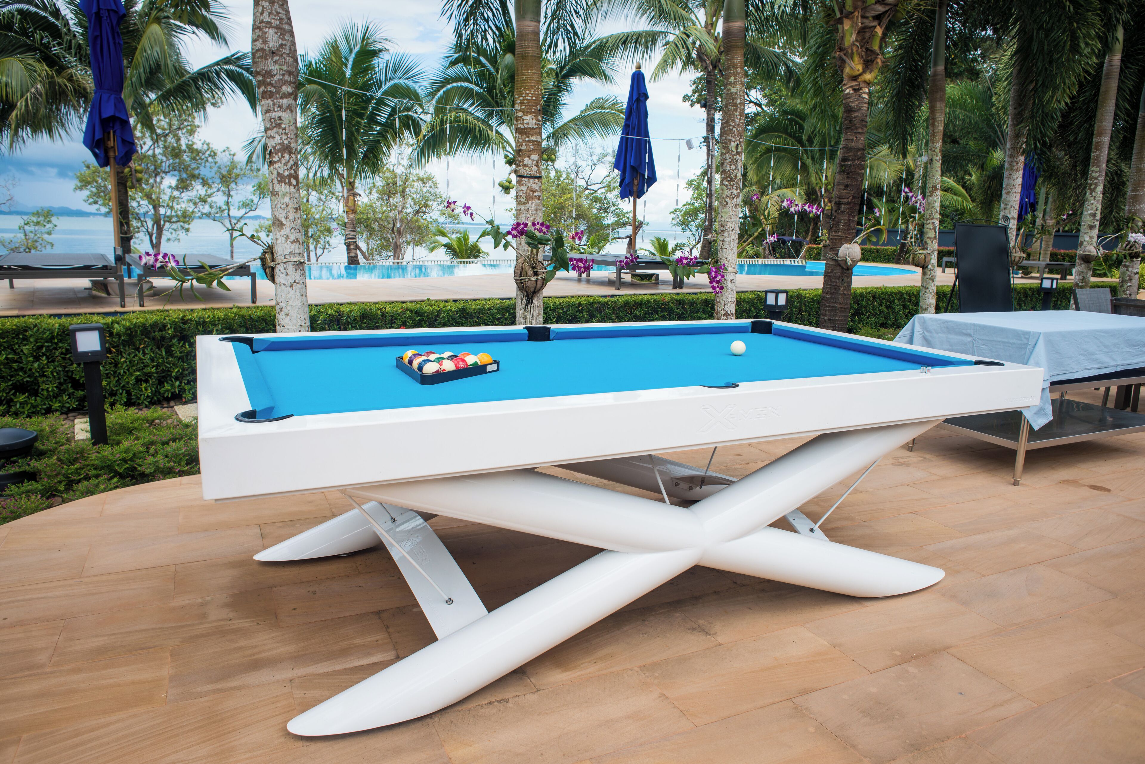 Une table de billard recouverte d’un drap bleu, entourée de palmiers et offrant une vue sur la mer.