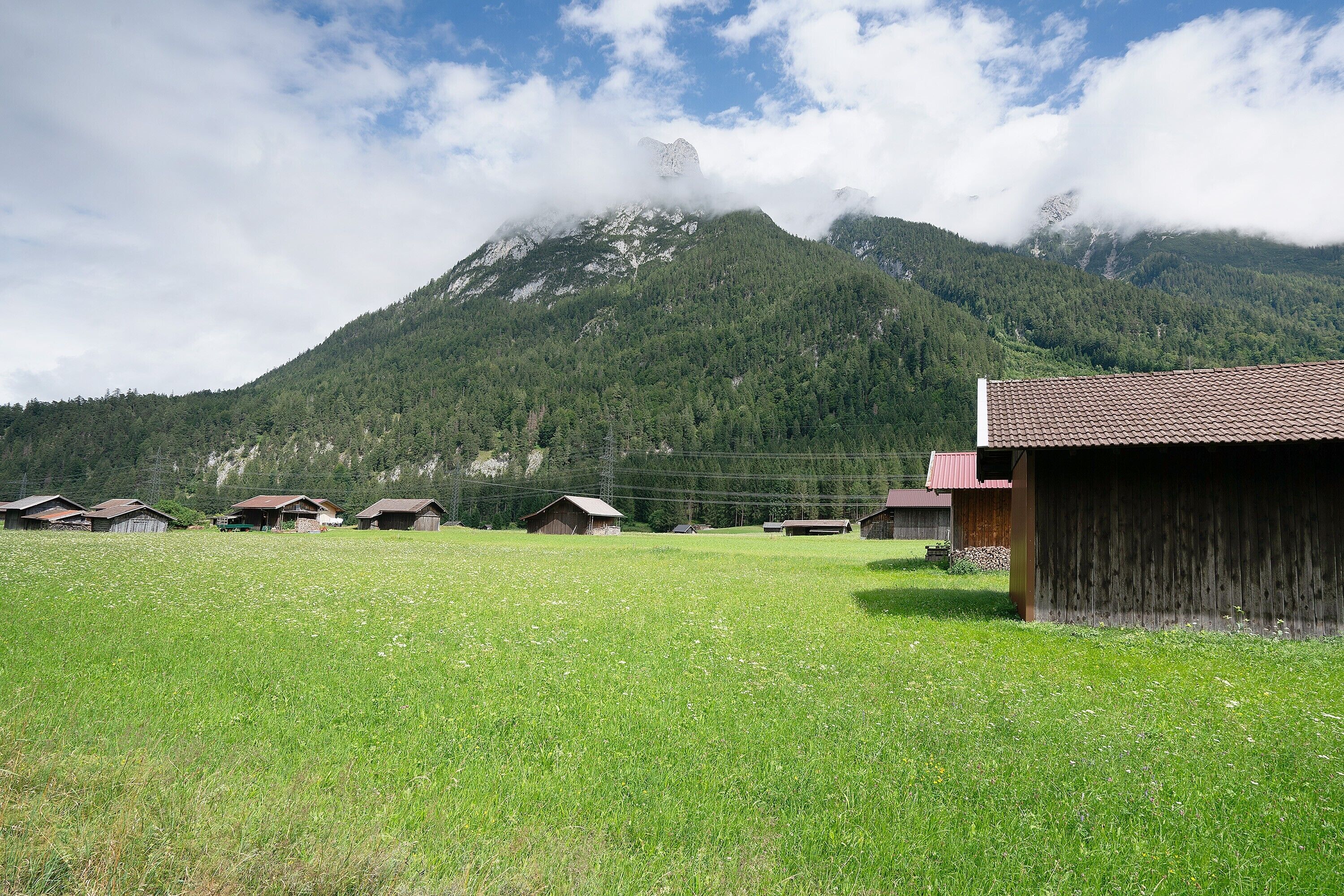 A rural landscape with a mountain, green field, and several wooden buildings.