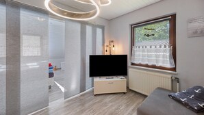 A modern room with a flat-screen TV, a sofa, a window with a view, and a ceiling light fixture.