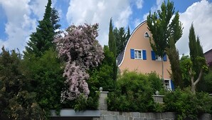 A house with a stone wall, a garage, and a tree with pink flowers. - Carpe Diem Apartment with Shared Garden and Wi-Fi (Görlitz)