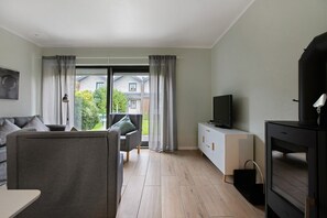 Televisión, chimenea y estéreo 