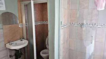 Une salle de bain comprenant un lavabo, des toilettes et un espace douche.