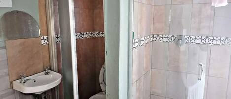 Un baño con lavamanos, inodoro y zona de ducha.