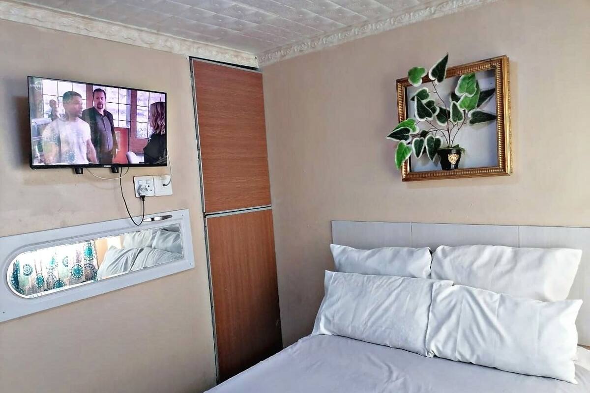 Une chambre d’hôtel avec un lit, un téléviseur fixé au mur, une fenêtre donnant sur un paysage agréable et une plante décorative accrochée au mur.