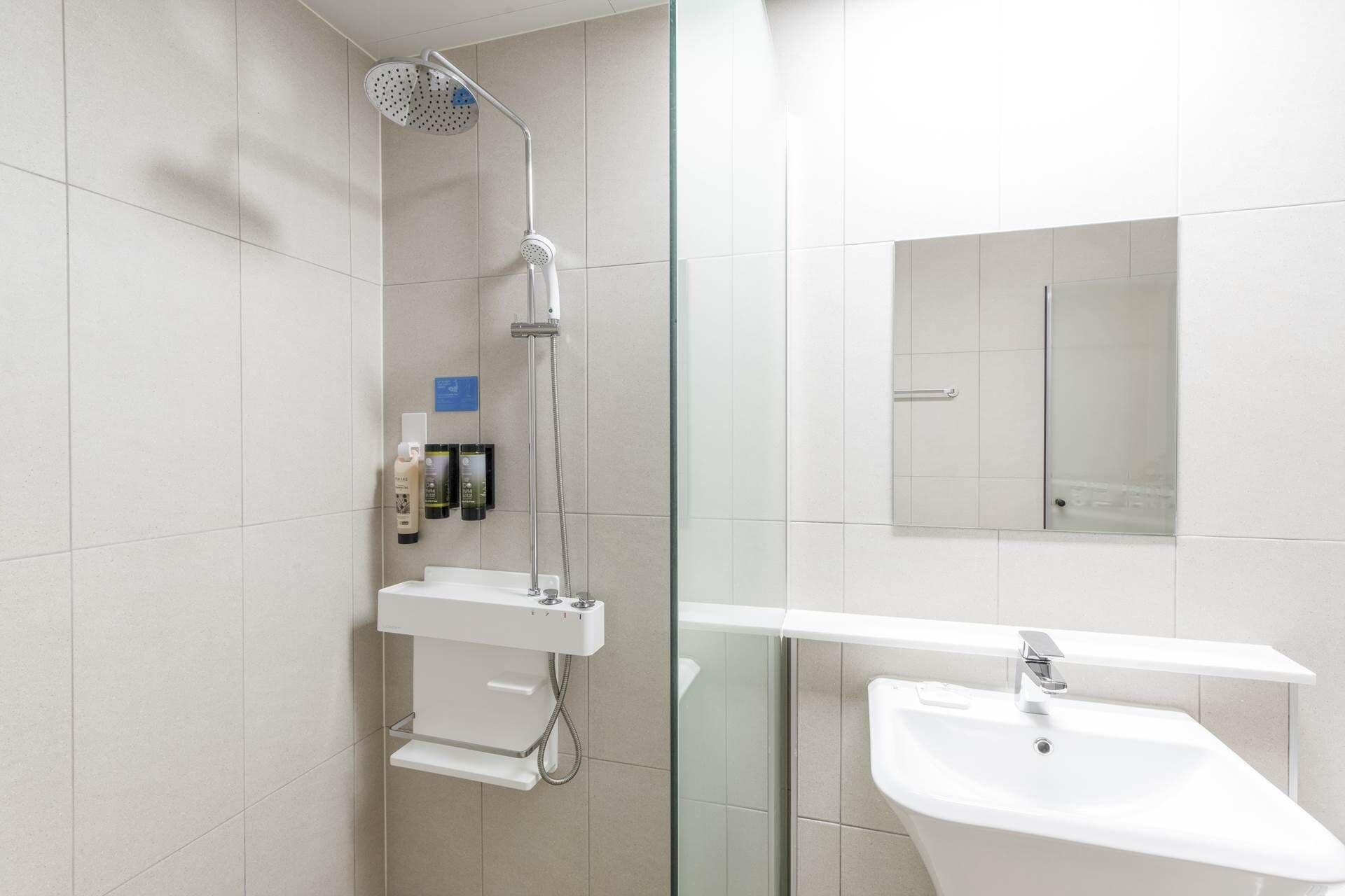 A modern bathroom with a glass shower enclosure, a white sink, and a mirror.