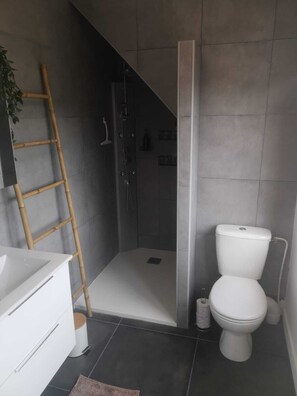 Ducha, secador de pelo, toallas y jabón