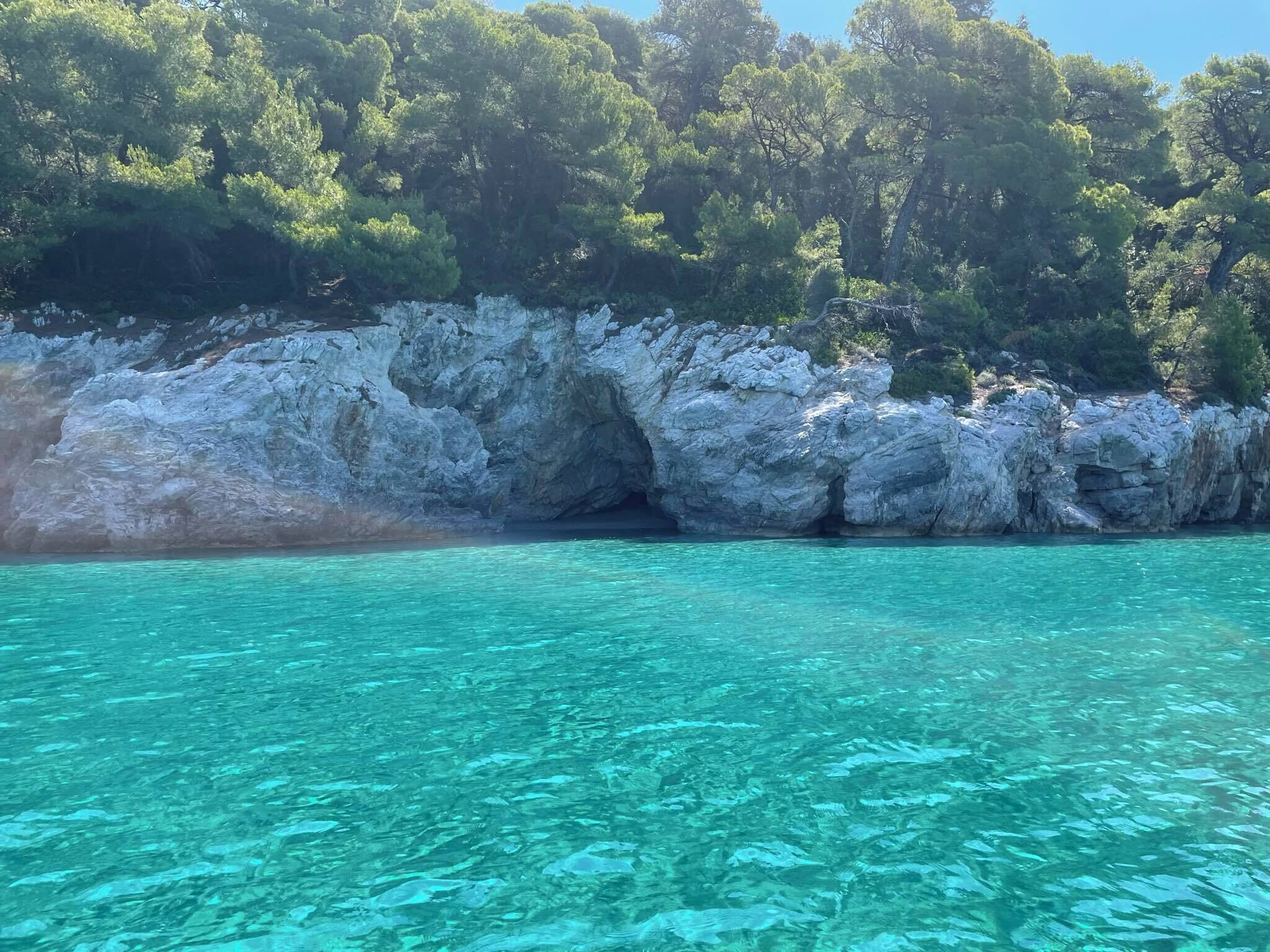 A coastal scene with clear turquoise water, rocky cliffs, and dense green foliage.