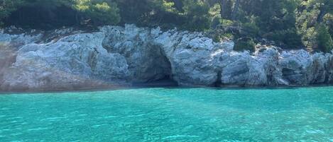 A coastal scene with clear turquoise water, rocky cliffs, and dense green foliage.