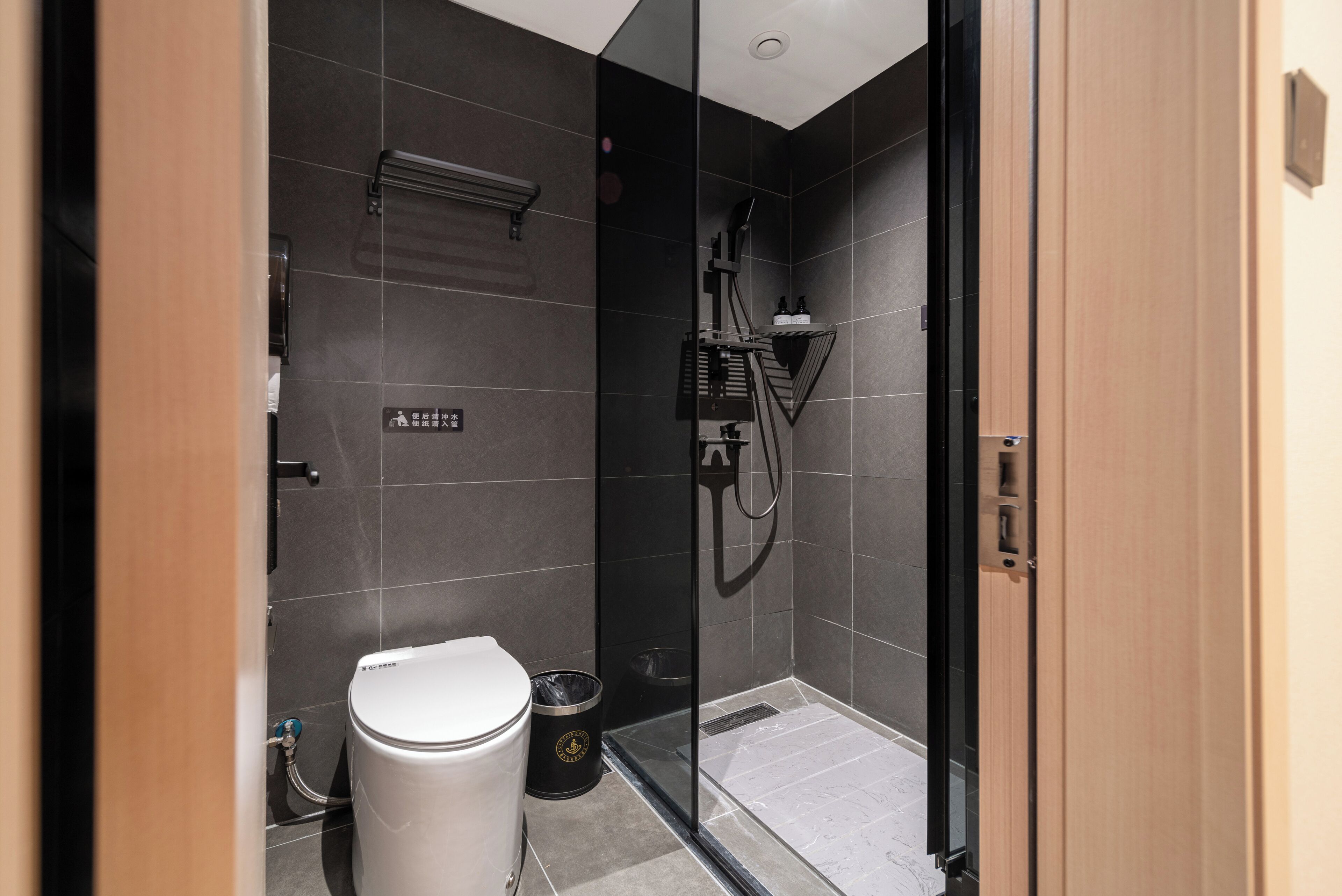A modern bathroom with a glass shower enclosure, a toilet, and a sink.