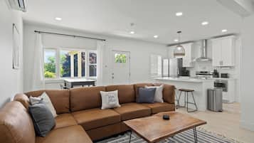 Smart TV, fireplace, books