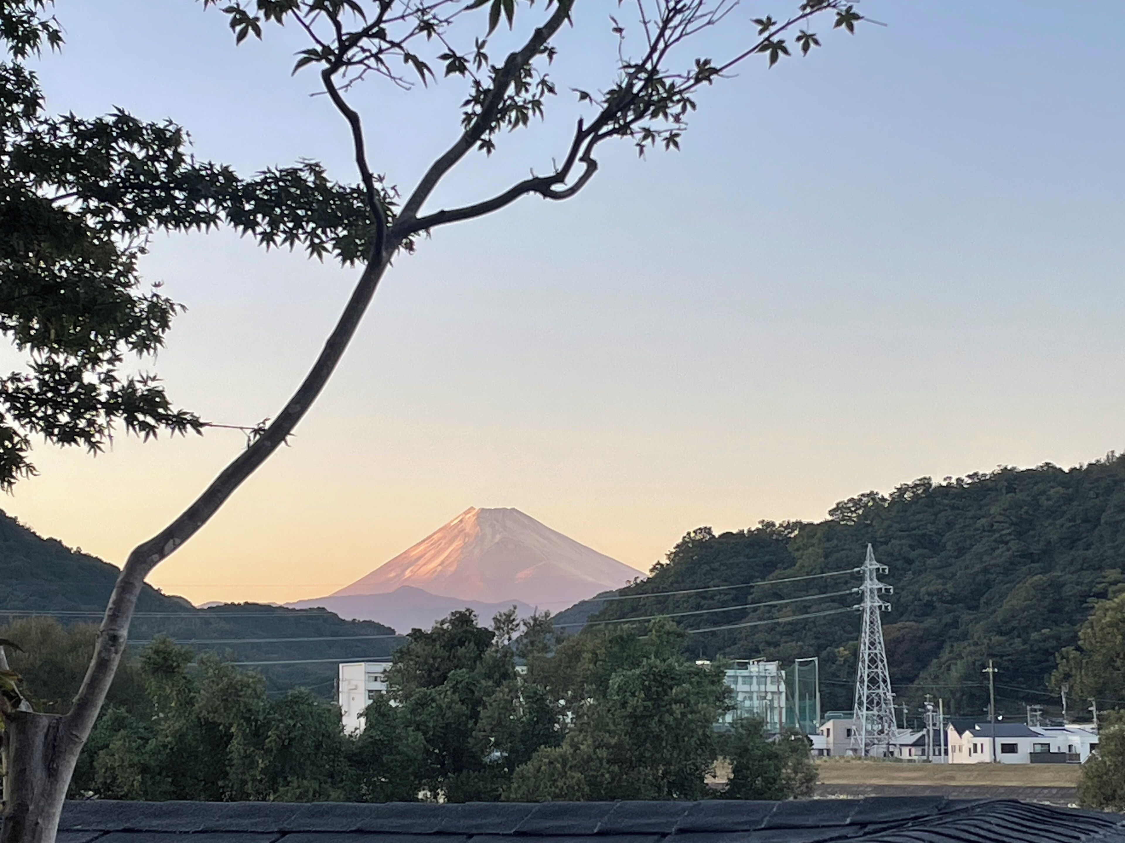 A mountain with a clear sky, surrounded by trees and buildings.