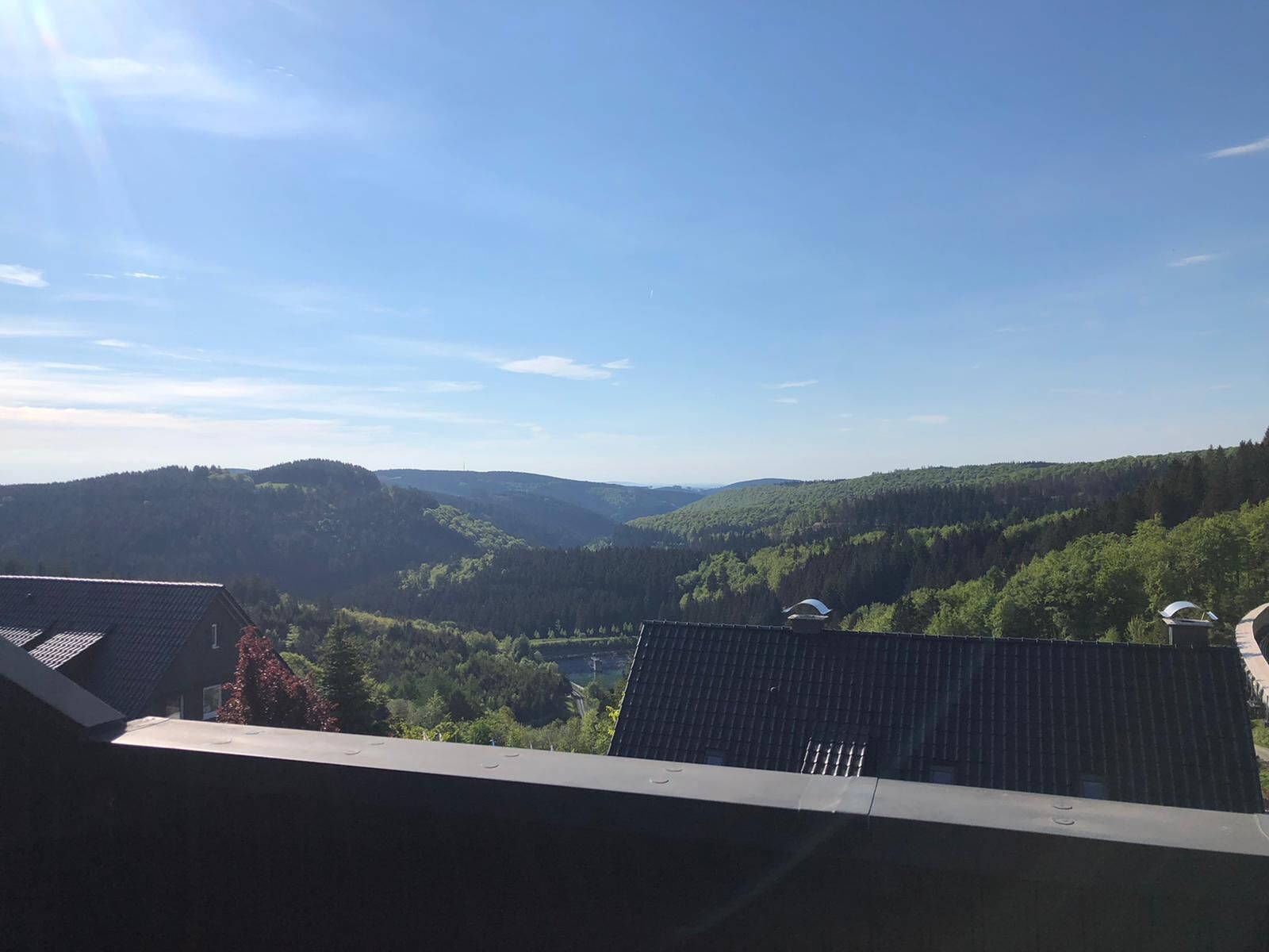 Uitzicht vanaf een balkon met een metalen dak, over een vallei met dicht bos en heuvels.